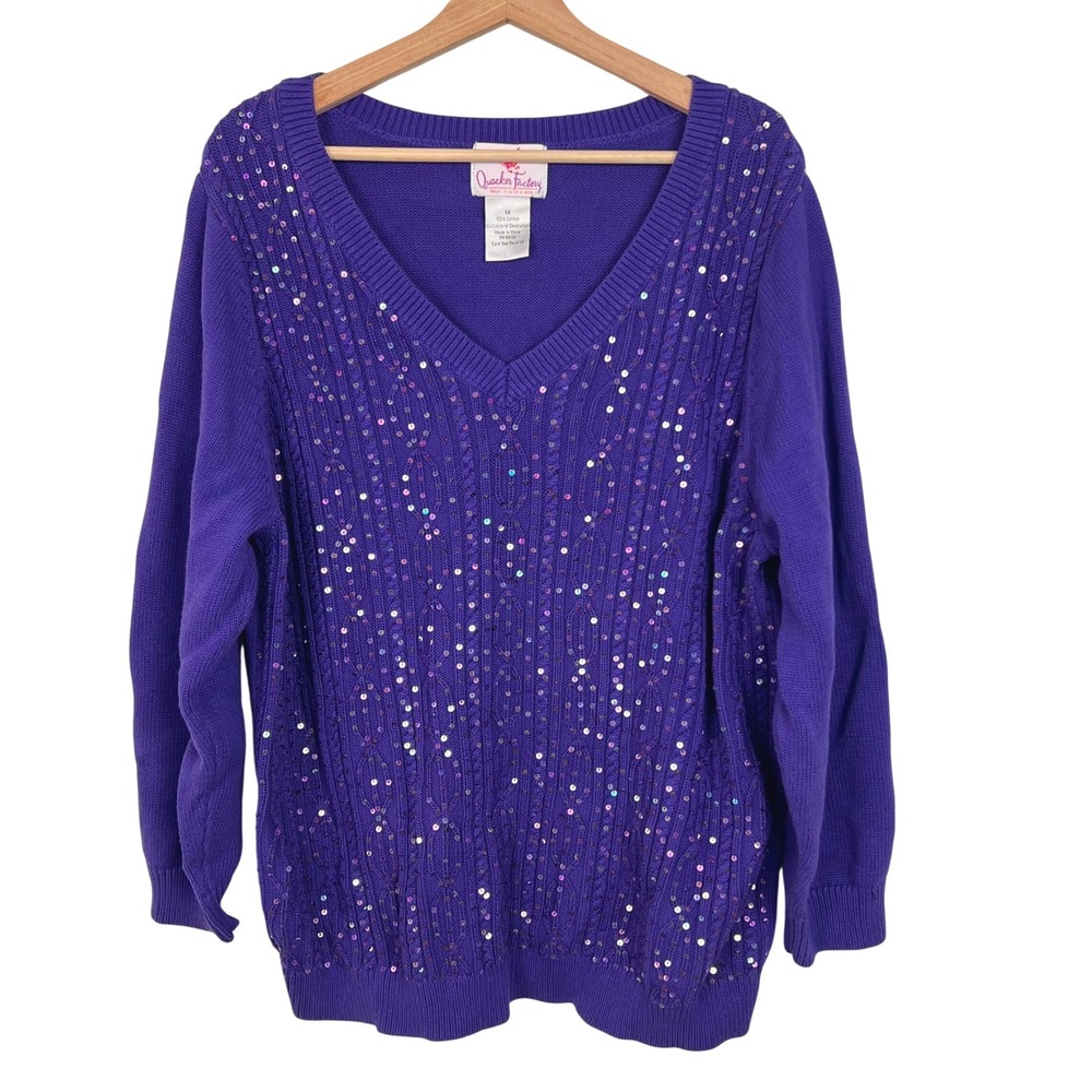 Quacker Factory Purple Sequin Cable Knit V-Neck Sweater Women's 1X Pullover